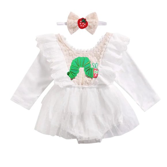 Hungry Caterpillar Dress White Lace Long Sleeve Floral Girl Outfit Clothes
